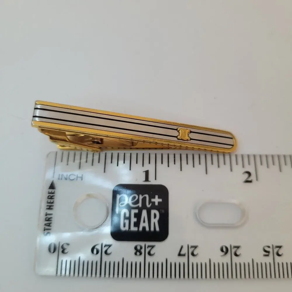 Celine Triumph Tie Bar Clip Clasp Gold Silver Tone 2in Logo Vintage Stripped - Picture 7 of 7